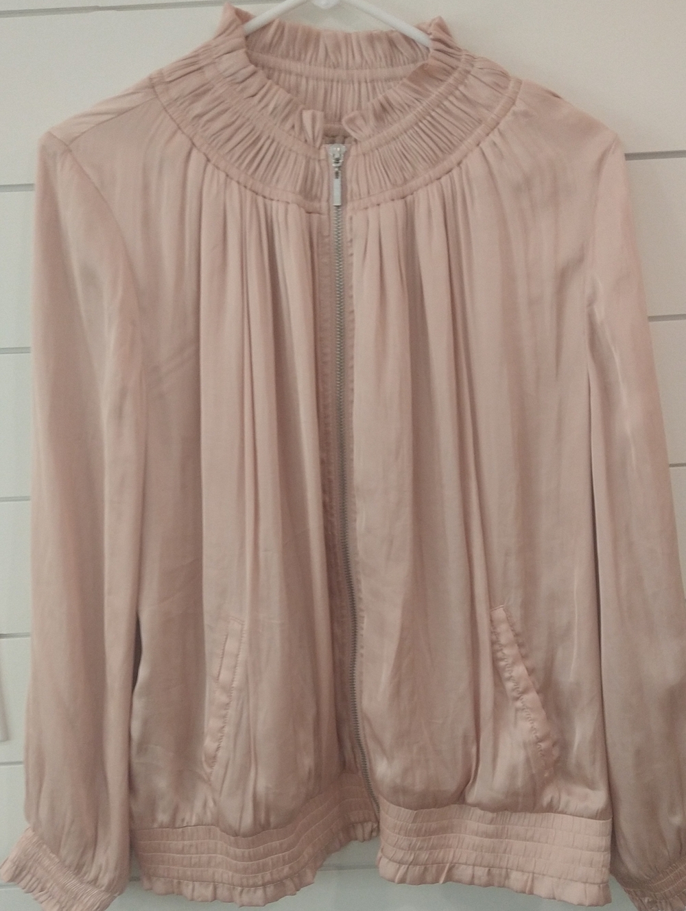 Chico's Blush Pink  Ruched Zip-Front Bomber Jacket Sz 2 Or 14 Misses